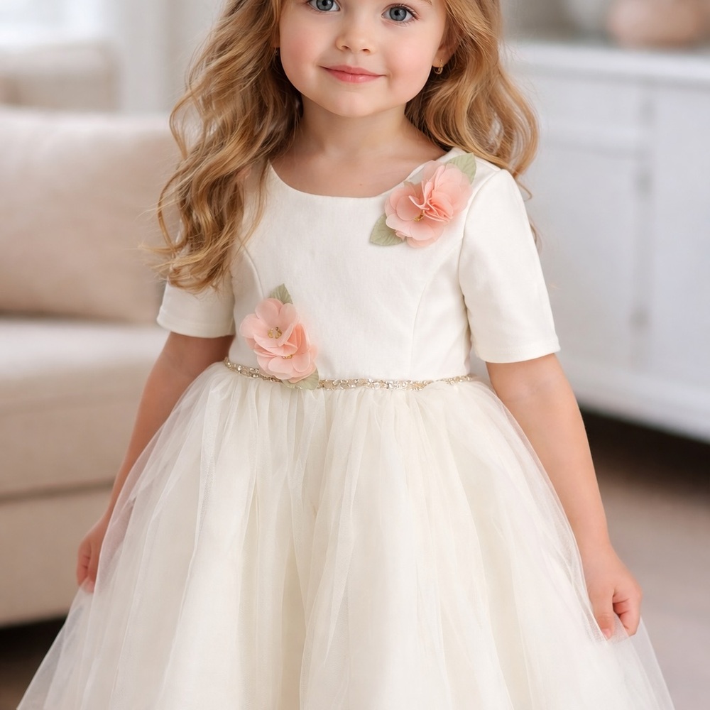 Zunie Kids Elegant Cream Flower Girl Dress with Short Sleeves and Tulle Skirt